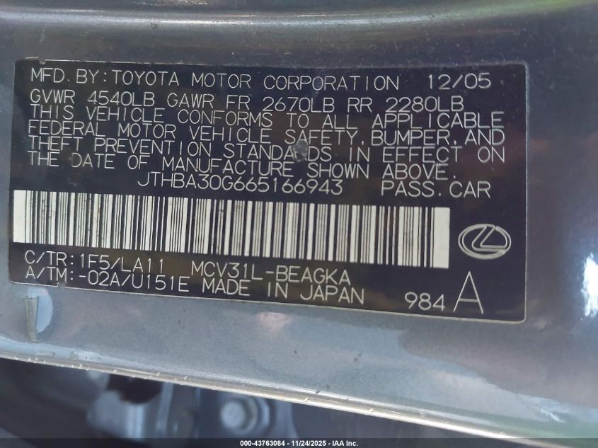 2006 Lexus Es 330 VIN: JTHBA30G665166943 Lot: 43763084