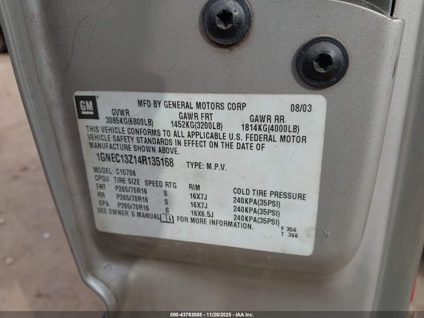 2004 Chevrolet Tahoe Ls VIN: 1GNEC13Z14R135168 Lot: 43763088