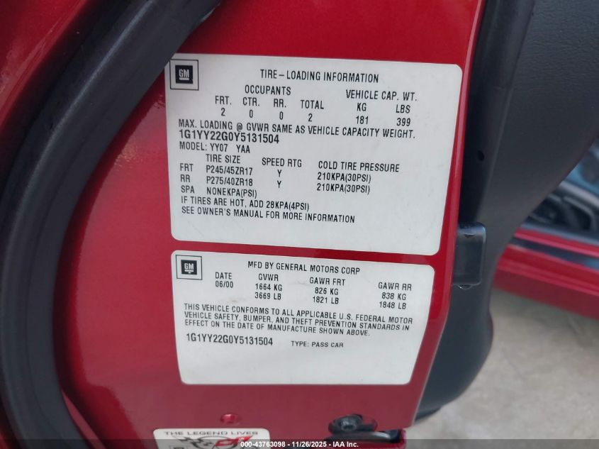 2000 Chevrolet Corvette VIN: 1G1YY22G0Y5131504 Lot: 43763098