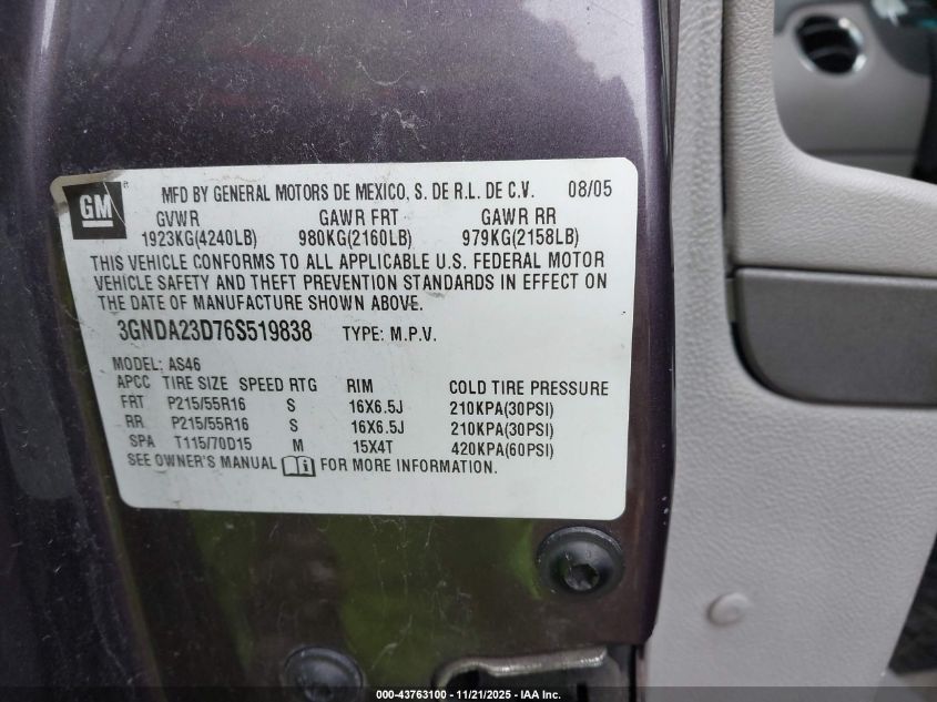 2006 Chevrolet Hhr Lt VIN: 3GNDA23P16S556037 Lot: 43763100