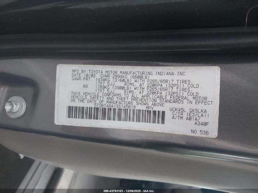 2003 Toyota Sequoia Limited V8 VIN: 5TDBT48A13S145618 Lot: 43763103