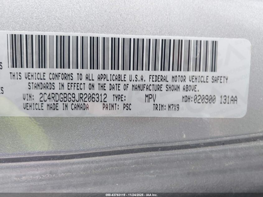 2018 Dodge Grand Caravan Se Plus VIN: 2C4RDGBG9JR206312 Lot: 43763119