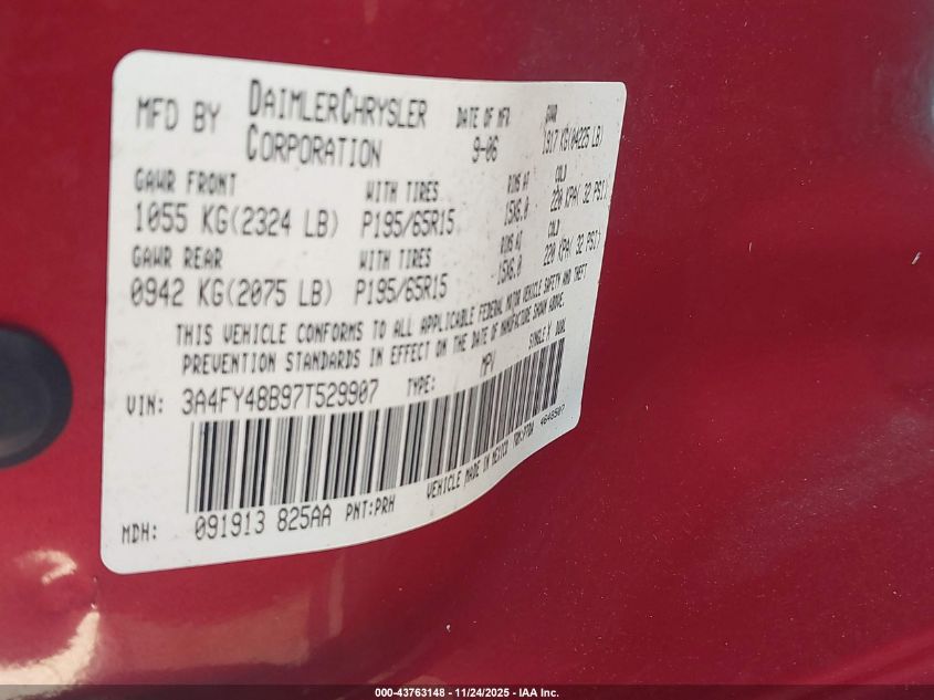 2007 Chrysler Pt Cruiser VIN: 3A4FY48B97T529907 Lot: 43763148