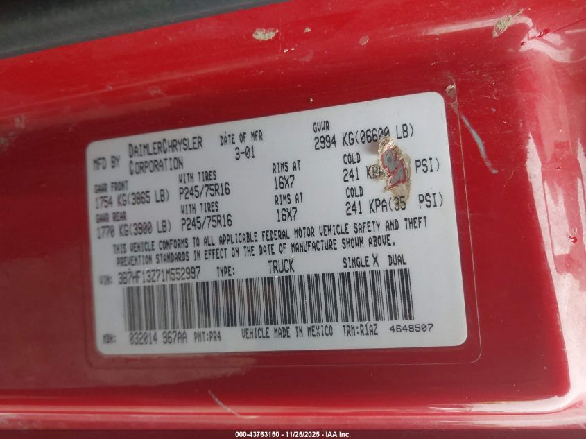 2001 Dodge Ram 1500 St VIN: 3B7HF13Z71M552997 Lot: 43763150