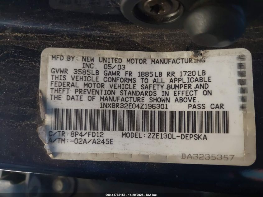 2004 Toyota Corolla S VIN: 1NXBR32E04Z196301 Lot: 43763156