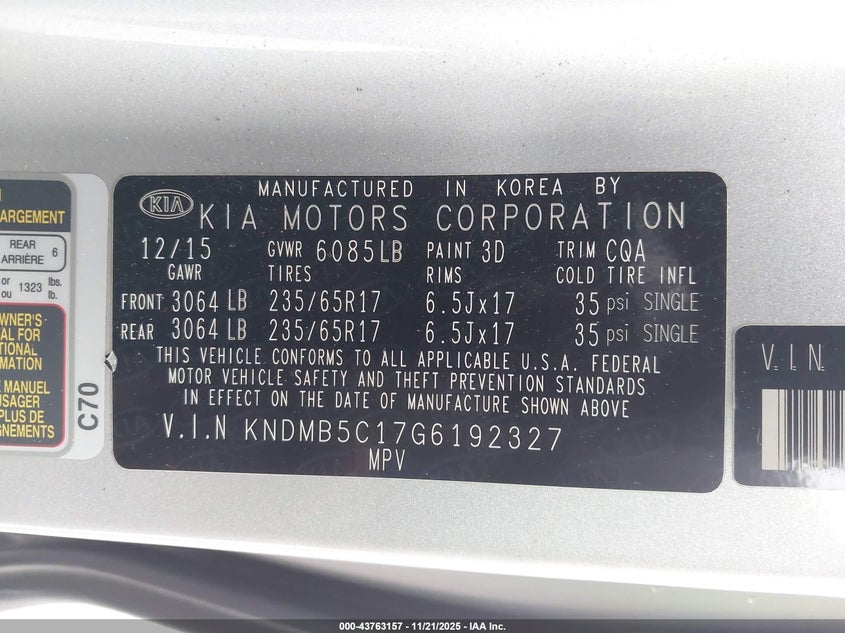 2016 Kia Sedona Lx VIN: KNDMB5C17G6192327 Lot: 43763157