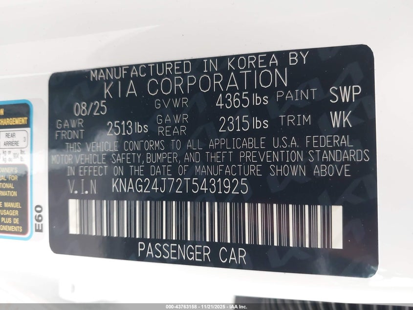 2026 Kia K5 Lxs Fwd VIN: KNAG24J72T5431925 Lot: 43763158