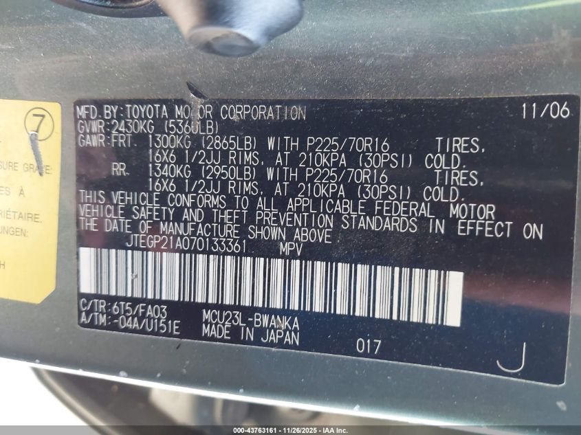 2007 Toyota Highlander V6 VIN: JTEGP21A070133361 Lot: 43763161