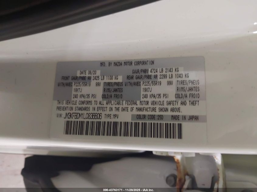 2020 Mazda Cx-5 Grand Touring VIN: JM3KFBDM1L0836606 Lot: 43763171