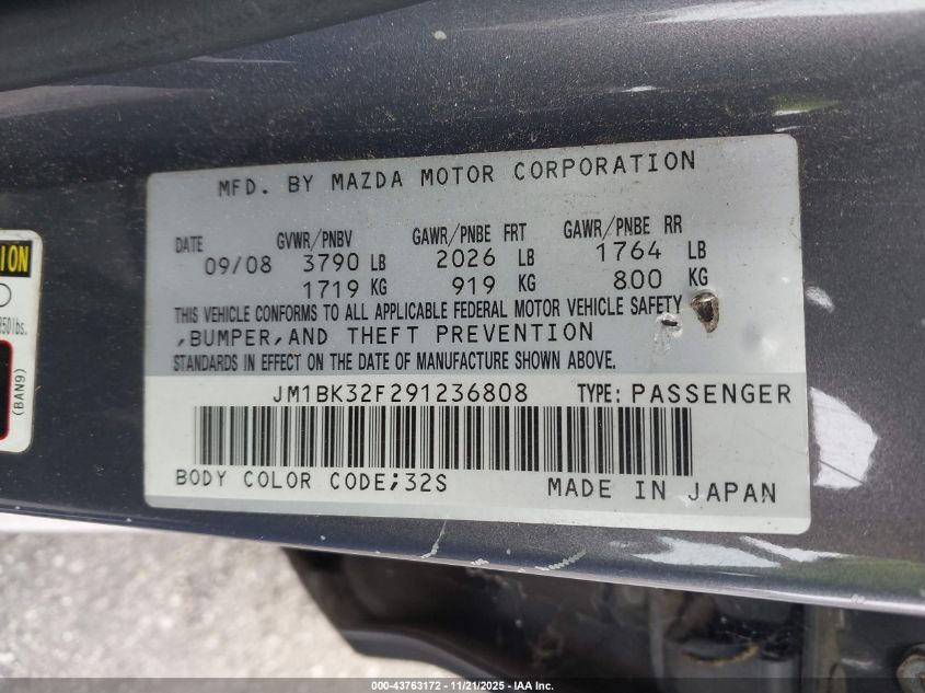 2009 Mazda Mazda3 I VIN: JM1BK32F291236808 Lot: 43763172