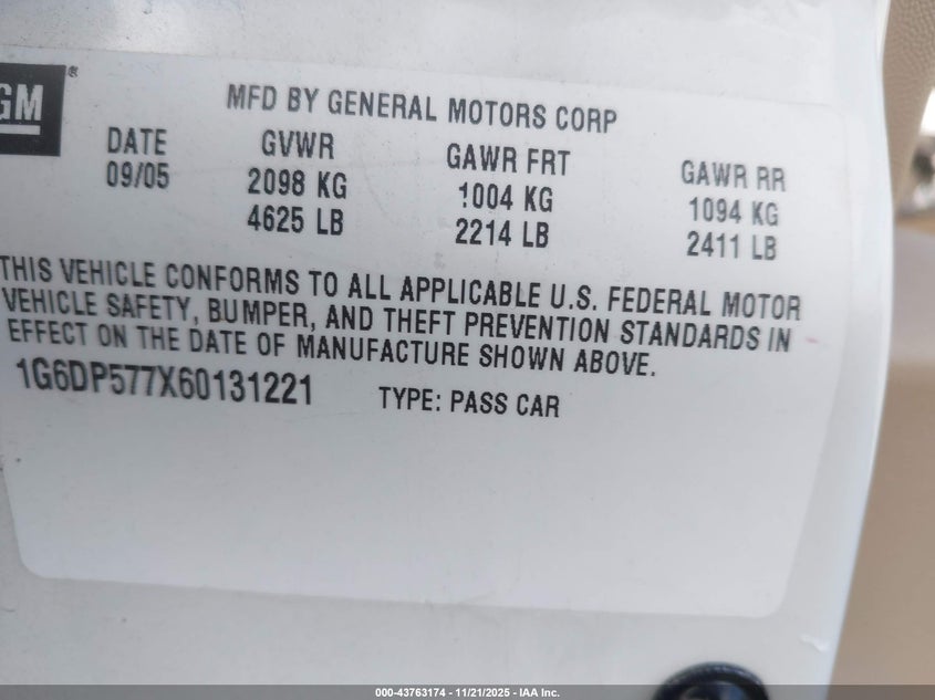 2006 Cadillac Cts Standard VIN: 1G6DP577X60131221 Lot: 43763174