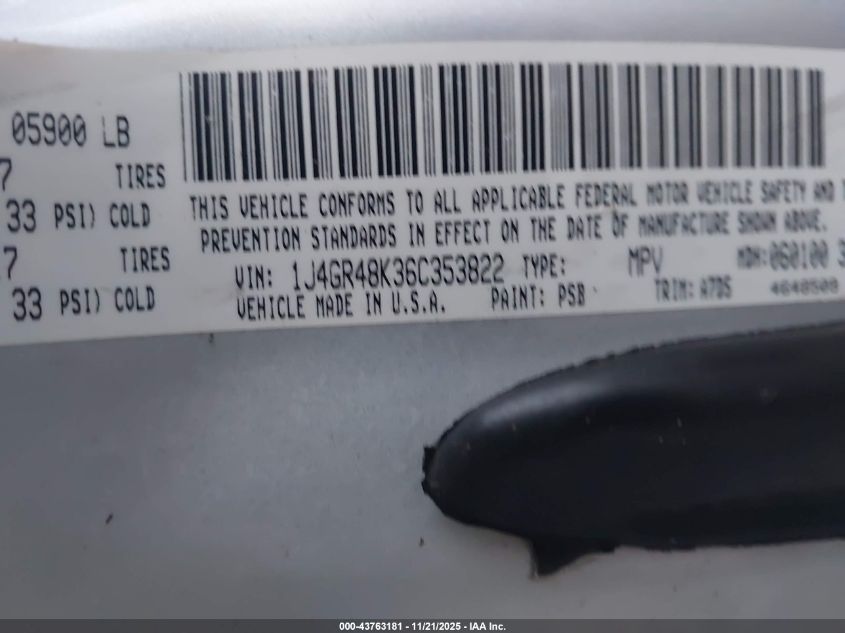 2006 Jeep Grand Cherokee Laredo VIN: 1J4GR48K36C353822 Lot: 43763181