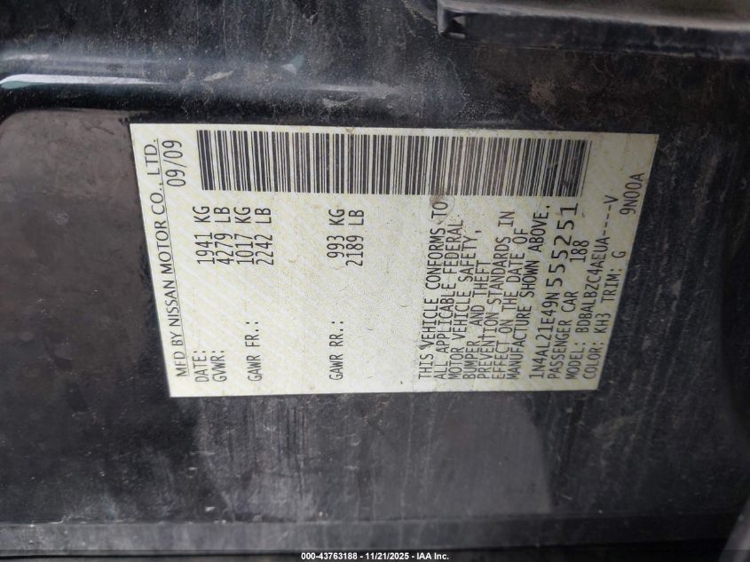 2009 Nissan Altima 2.5 S VIN: 1N4AL21E49N555251 Lot: 43763188