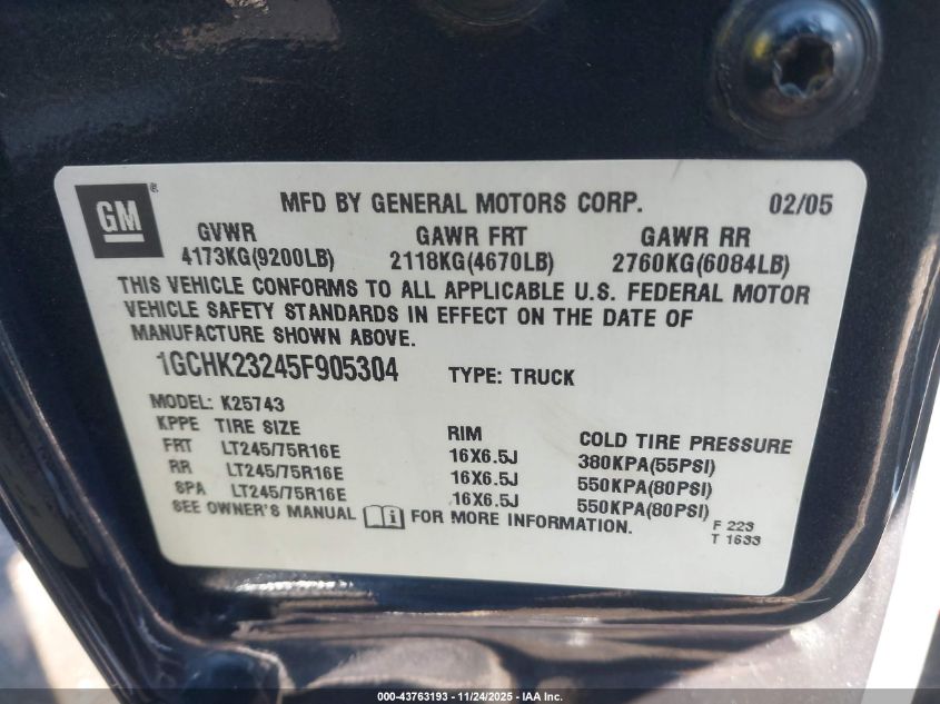 2005 Chevrolet Silverado 2500Hd Ls VIN: 1GCHK23245F905304 Lot: 43763193