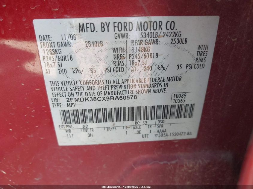 2009 Ford Edge Sel VIN: 2FMDK38CX9BA60578 Lot: 43763215