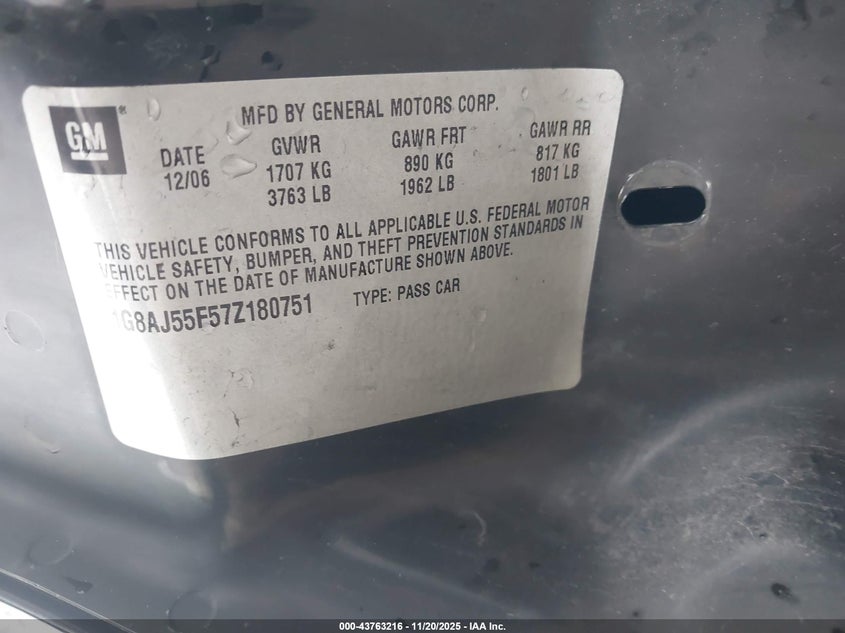 2007 Saturn Ion 2 VIN: 1G8AJ55F57Z180751 Lot: 43763216