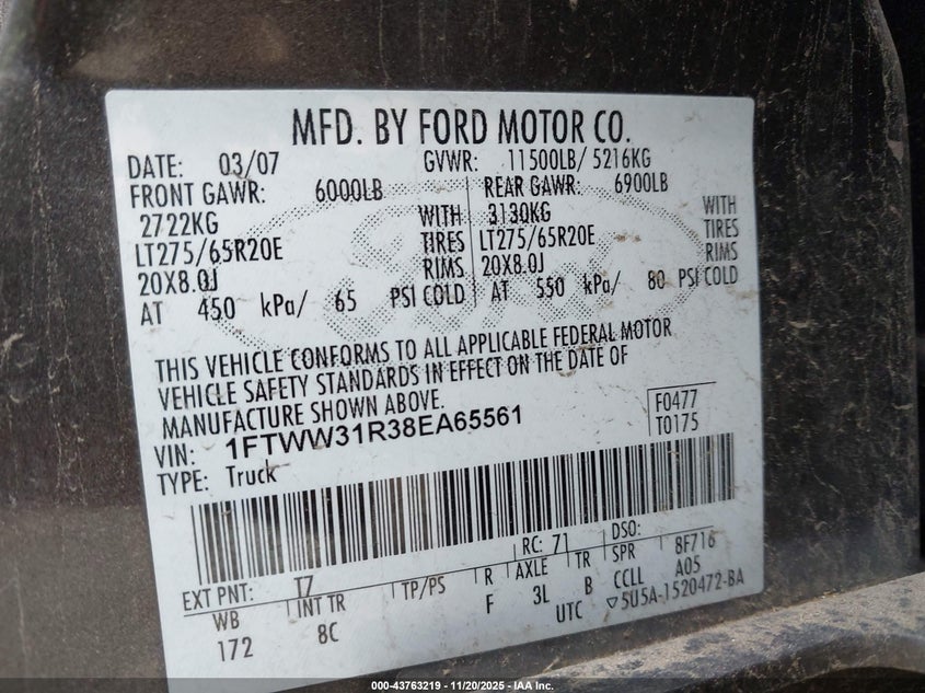 2008 Ford F-350 Fx4/Harley-Davidson/King Ranch/Lariat/Xl/Xlt VIN: 1FTWW31R38EA65561 Lot: 43763219