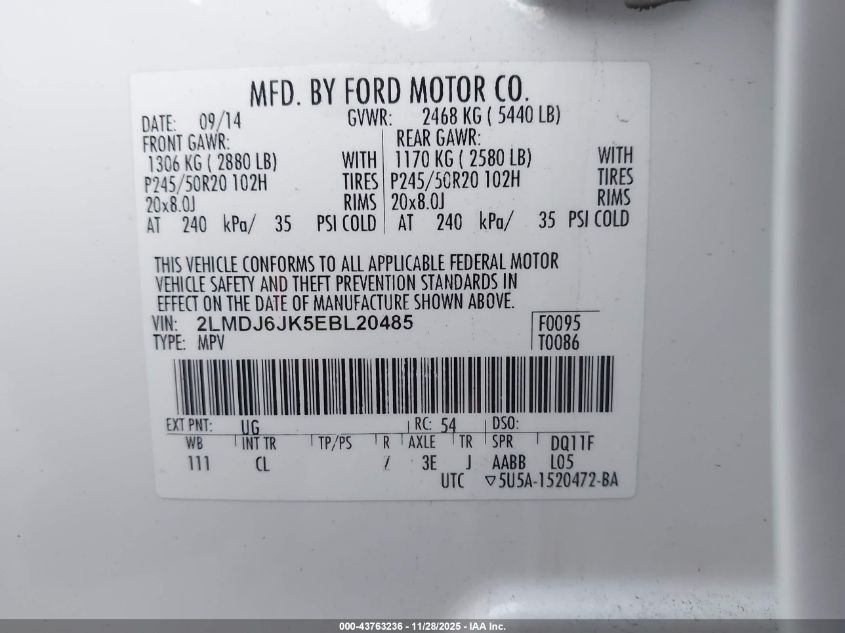 2014 Lincoln Mkx VIN: 2LMDJ6JK5EBL20485 Lot: 43763236