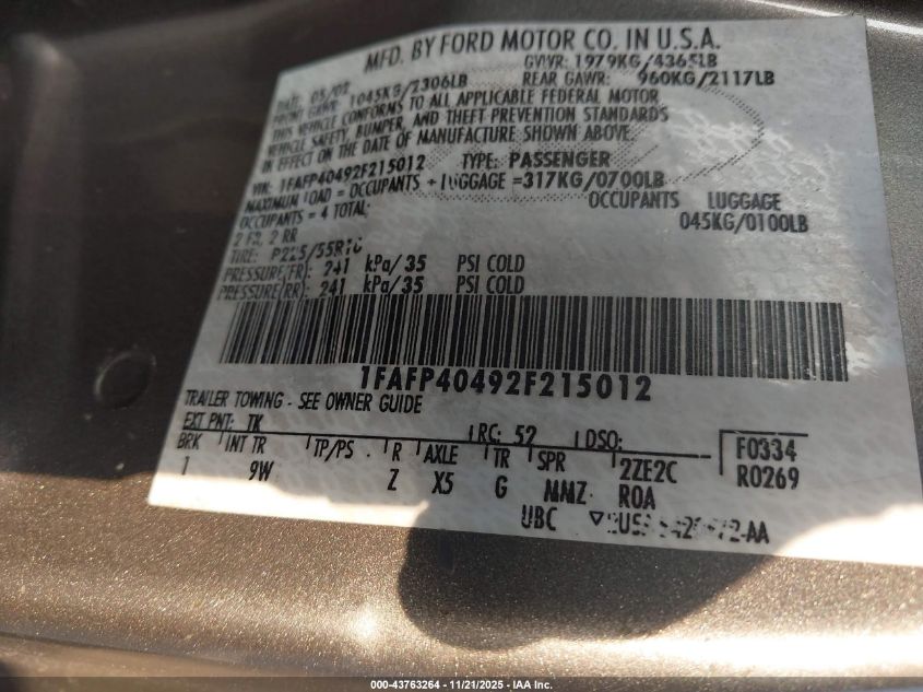 2002 Ford Mustang VIN: 1FAFP40492F215012 Lot: 43763264