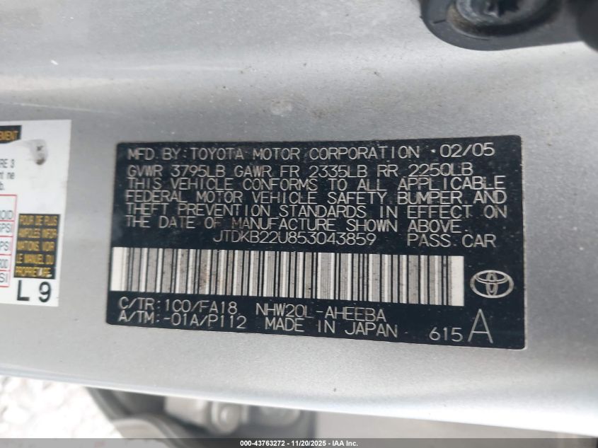 2005 Toyota Prius VIN: JTDKB22U853043859 Lot: 43763272