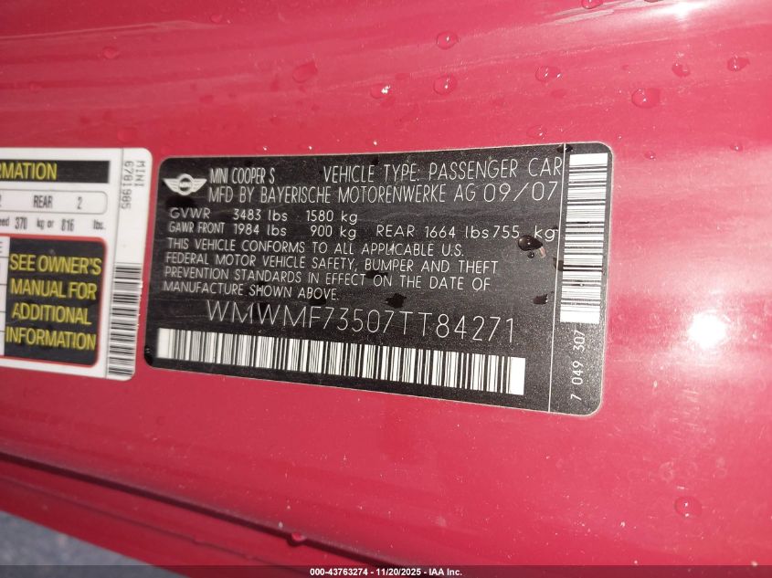 2007 Mini Cooper S VIN: WMWMF73507TT84271 Lot: 43763274
