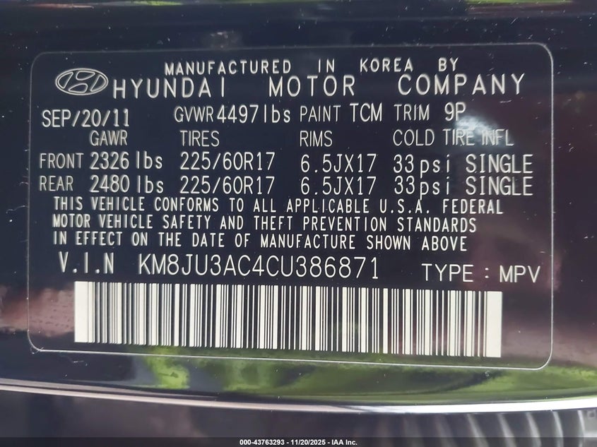 KM8JU3AC4CU386871 2012 HYUNDAI TUCSON photo no. 9