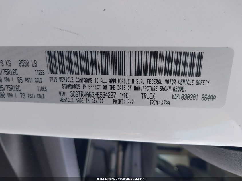 2017 Ram Promaster 1500 Low Roof 136 Wb VIN: 3C6TRVAG3HE534227 Lot: 43763297