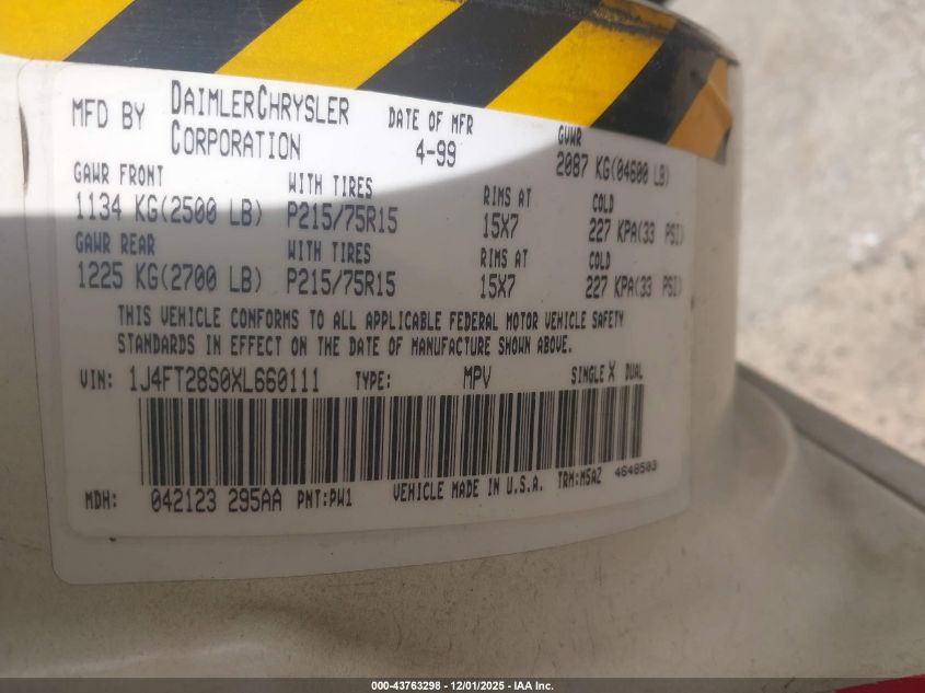 1999 Jeep Cherokee Se VIN: 1J4FT28S0XL660111 Lot: 43763298