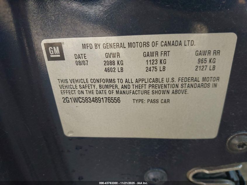 2008 Chevrolet Impala Lt VIN: 2G1WC583489176556 Lot: 43763300