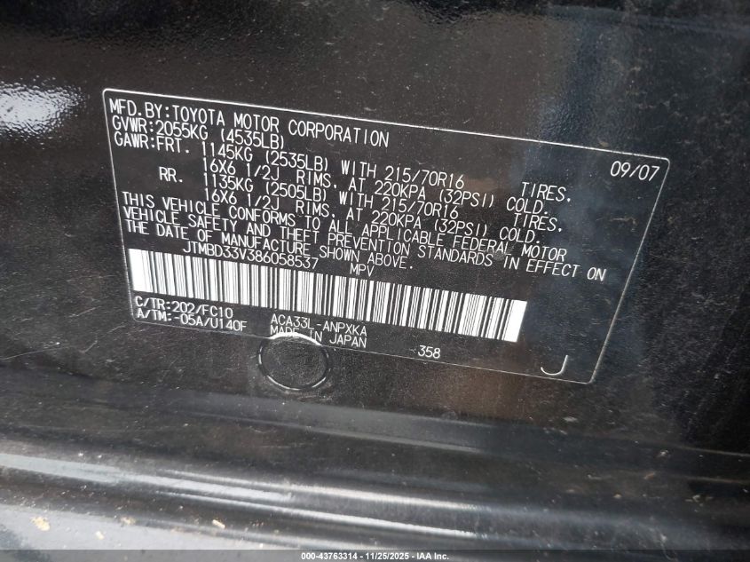 2008 Toyota Rav4 VIN: JTMBD33V386058537 Lot: 43763314