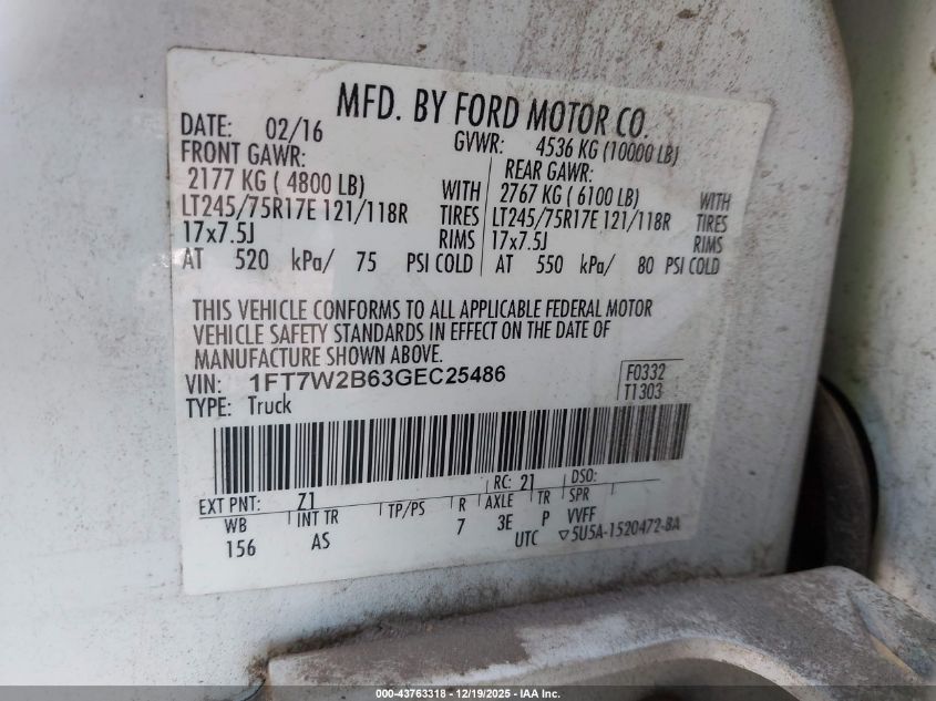 2016 Ford F-250 Xl VIN: 1FT7W2B63GEC25486 Lot: 43763318