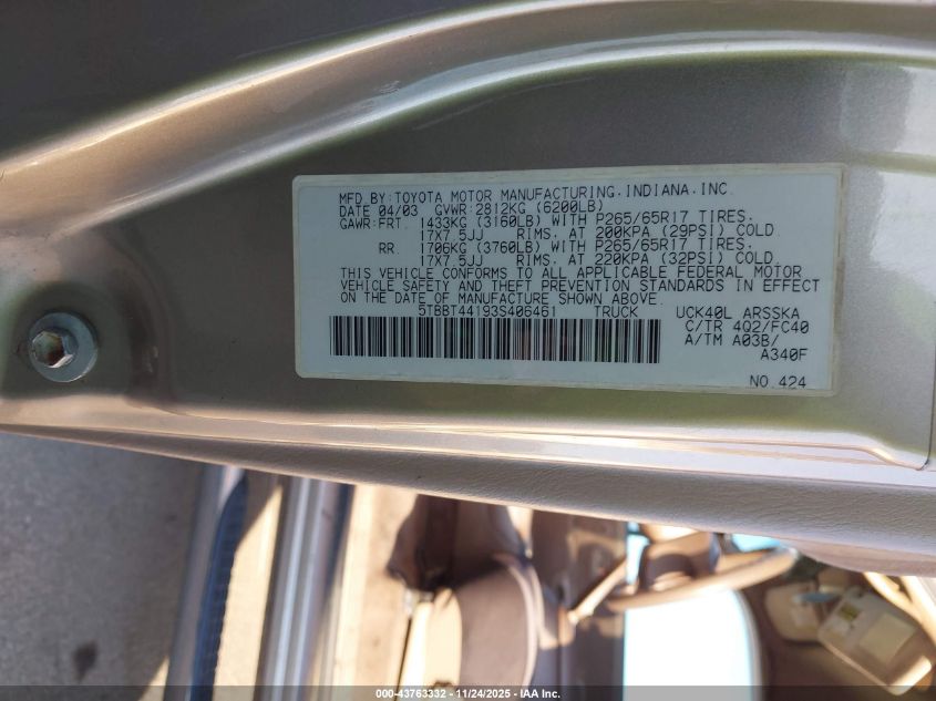 2003 Toyota Tundra Sr5 V8 VIN: 5TBBT44193S406461 Lot: 43763332