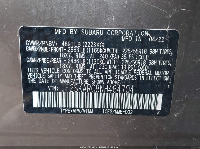 2022 Subaru Forester Touring VIN: JF2SKARC8NH464704 Lot: 43763341