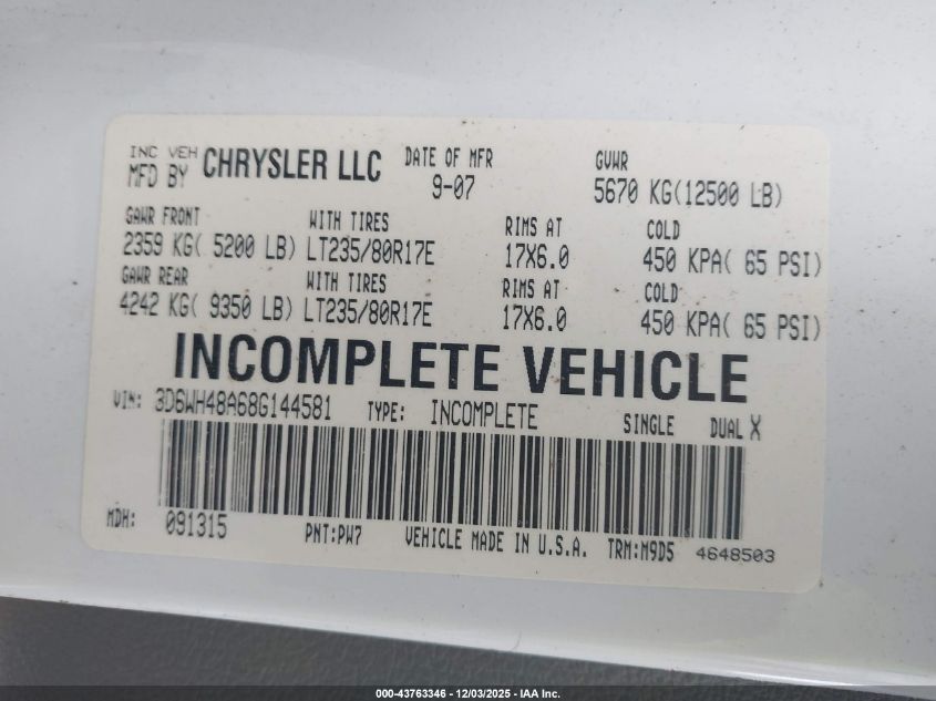 2008 Dodge Ram 3500 Hd Chassis St/Slt/Laramie VIN: 3D6WH48A68G144581 Lot: 43763346