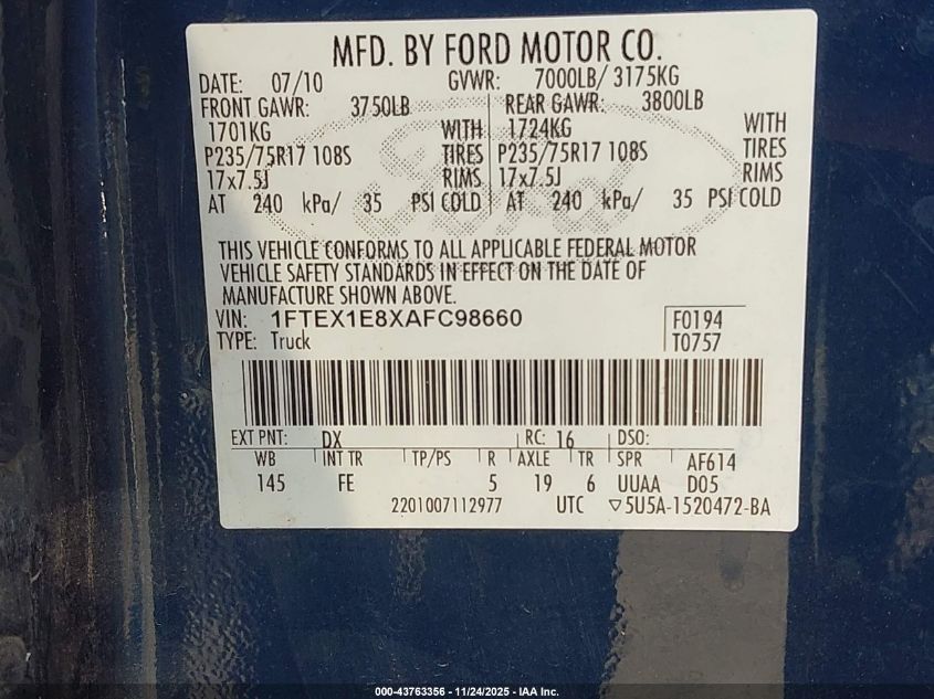 2010 Ford F-150 Stx/Xl/Xlt VIN: 1FTEX1E8XAFC98660 Lot: 43763356