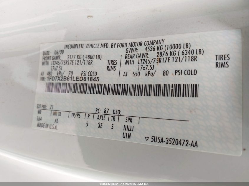 2020 Ford F-250 Xl VIN: 1FD7X2B61LED61845 Lot: 43763361