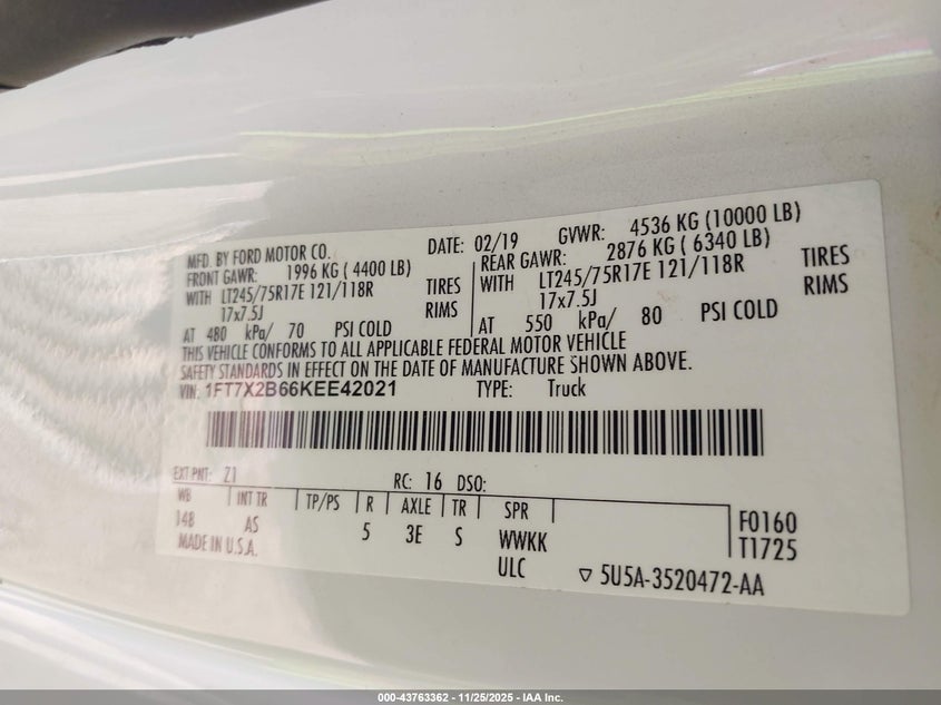 2019 Ford F-250 Xl VIN: 1FT7X2B66KEE42021 Lot: 43763362