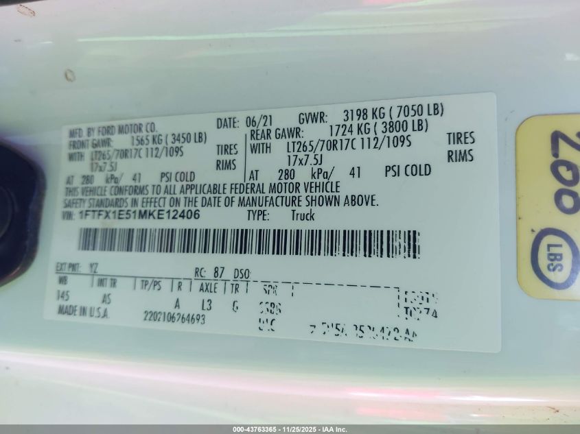 2021 Ford F-150 Xl VIN: 1FTFX1E51MKE12406 Lot: 43763365