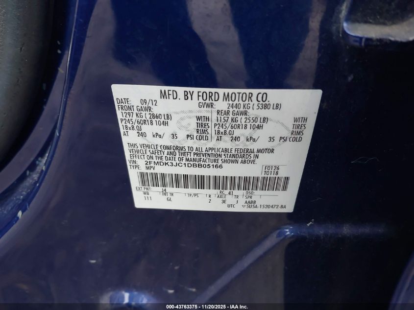 2013 Ford Edge Sel VIN: 2FMDK3JC1DBB05166 Lot: 43763375