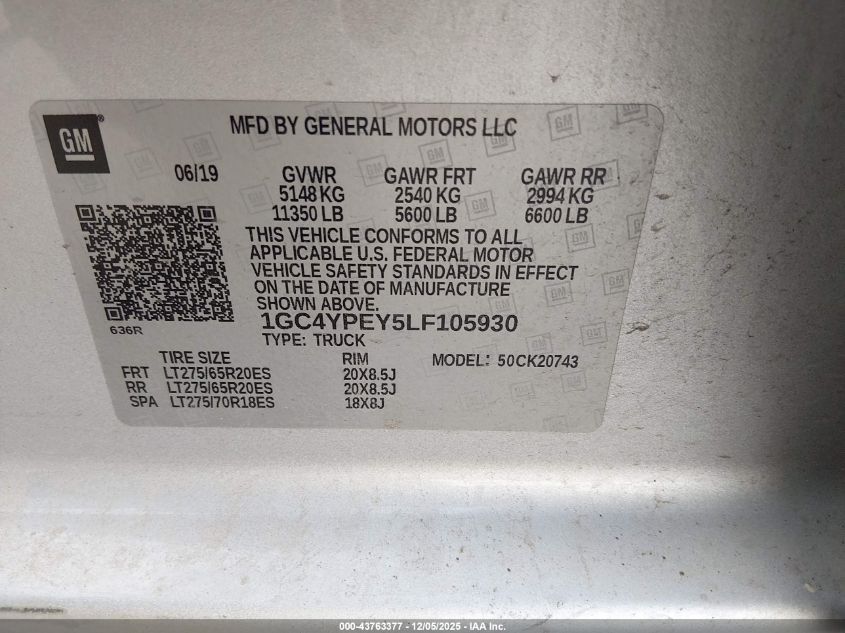 2020 Chevrolet Silverado 2500Hd 4Wd Standard Bed Ltz VIN: 1GC4YPEY5LF105930 Lot: 43763377