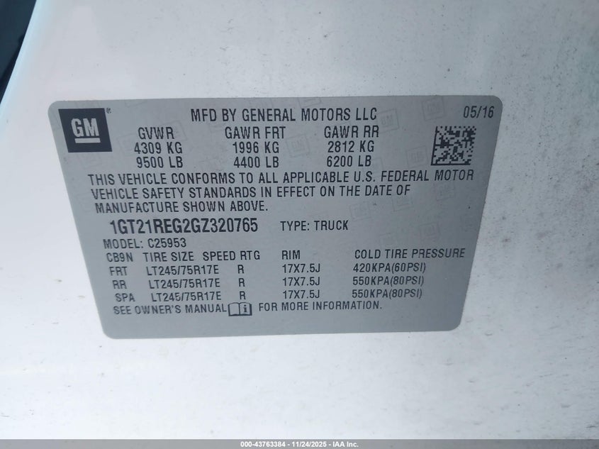 2016 GMC Sierra 2500Hd VIN: 1GT21REG2GZ320765 Lot: 43763384