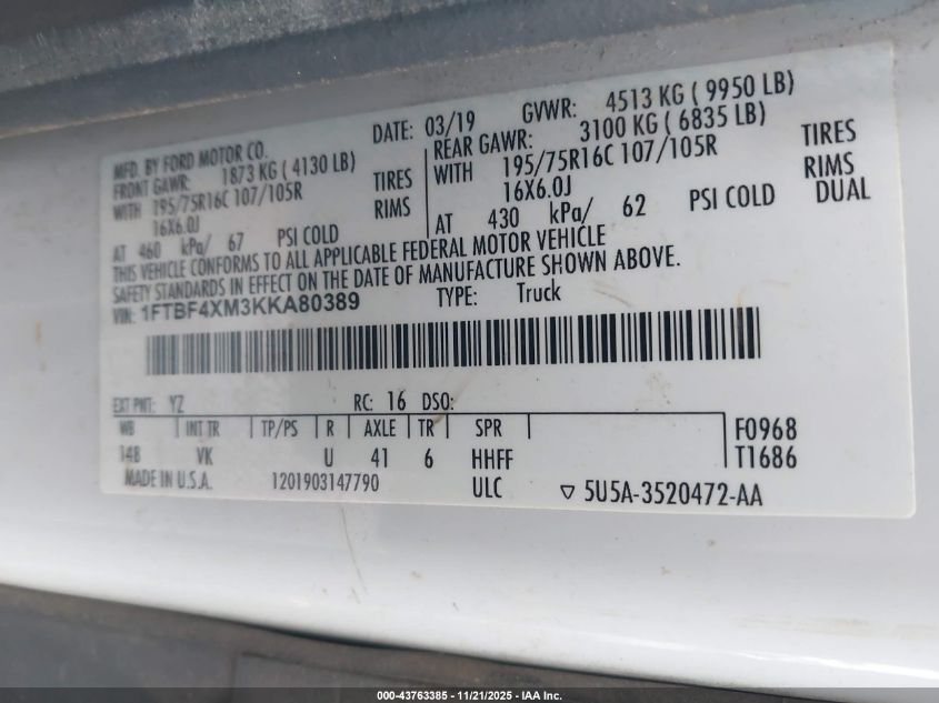 2019 Ford Transit-350 VIN: 1FTBF4XM3KKA80389 Lot: 43763385