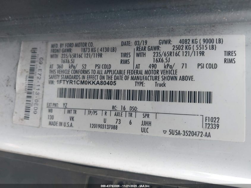 2019 Ford Transit-250 VIN: 1FTYR1CM0KKA80405 Lot: 43763386