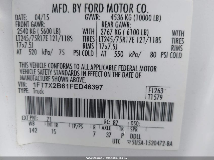 2015 Ford F-250 Xl VIN: 1FT7X2B61FED46397 Lot: 43763400