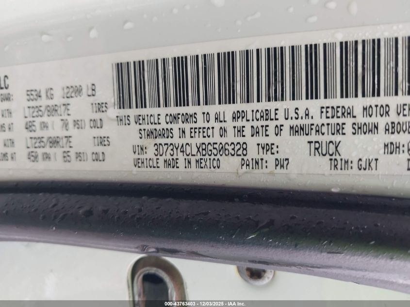 2011 Ram Ram 3500 Laramie VIN: 3D73Y4CLXBG506328 Lot: 43763403