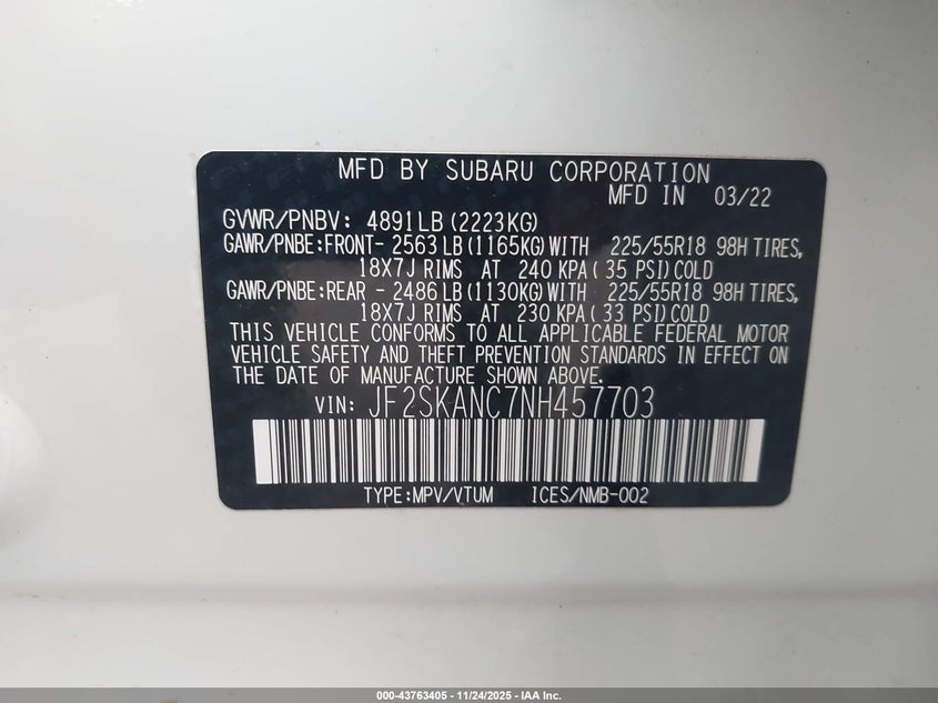 2022 Subaru Forester Limited VIN: JF2SKANC7NH457703 Lot: 43763405