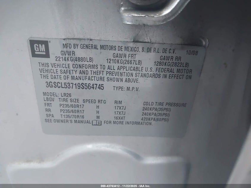 2009 Saturn Vue V6 Xr VIN: 3GSCL53719S564745 Lot: 43763412