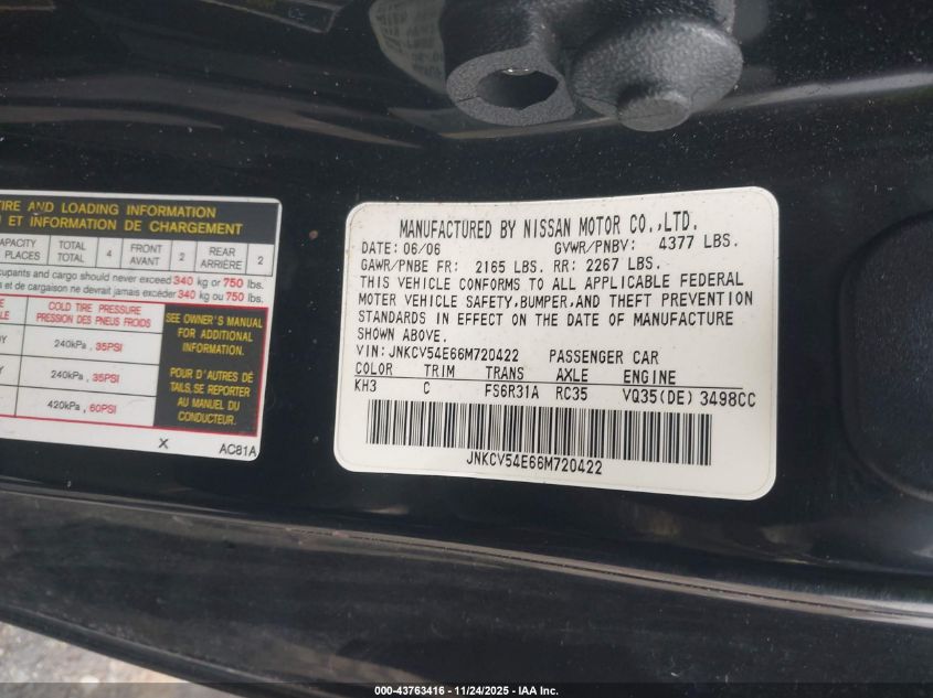 2006 Infiniti G35 VIN: JNKCV54E66M720422 Lot: 43763416