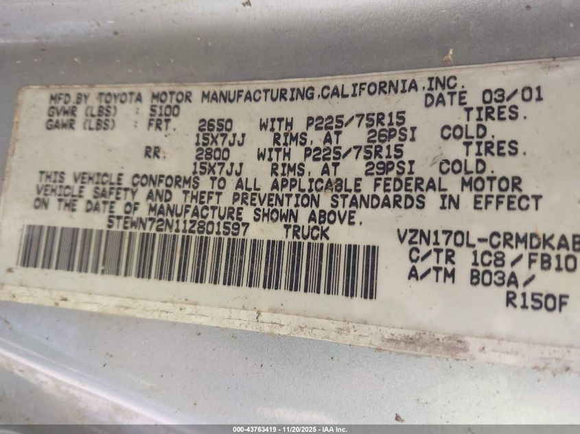 2001 Toyota Tacoma Base V6 VIN: 5TEWN72N11Z801597 Lot: 43763419