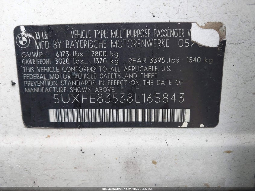 2008 BMW X5 4.8I VIN: 5UXFE83538L165843 Lot: 43763420